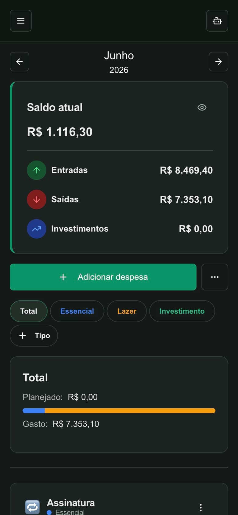 Tela inicial do Am Finance