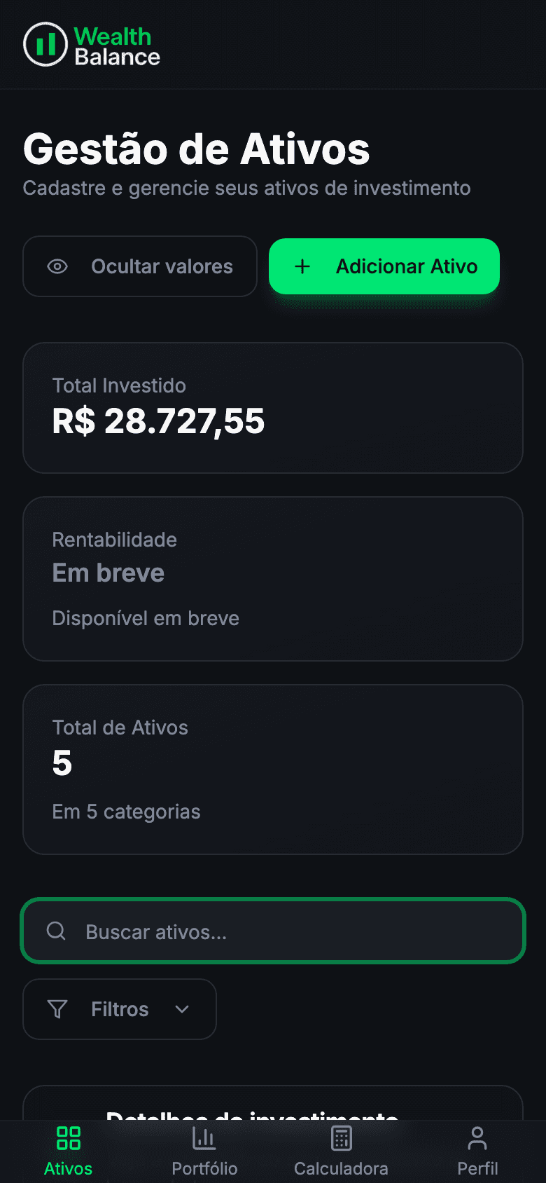 Tela de gestão de ativos do Wealth Balance